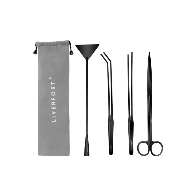 Reefory Black Aquascaping Tool Set – 4-Piece Stainless Kit with Pouch