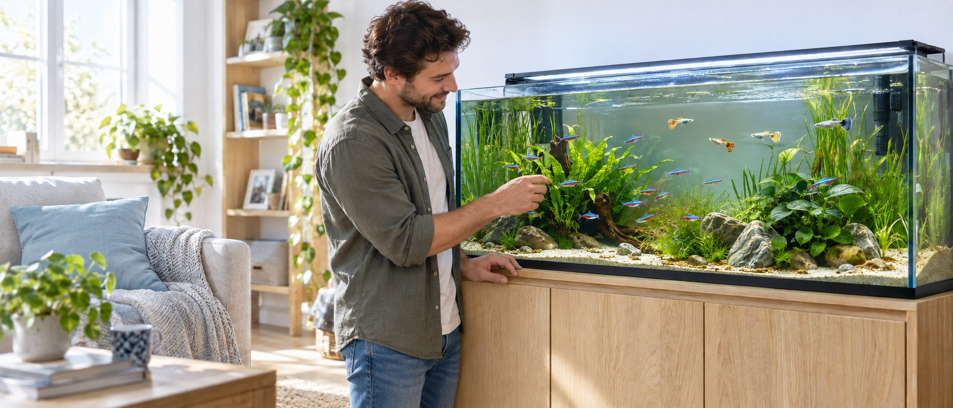 An aquarium keeper caring for a bright planted freshwater aquarium in a sunny home
