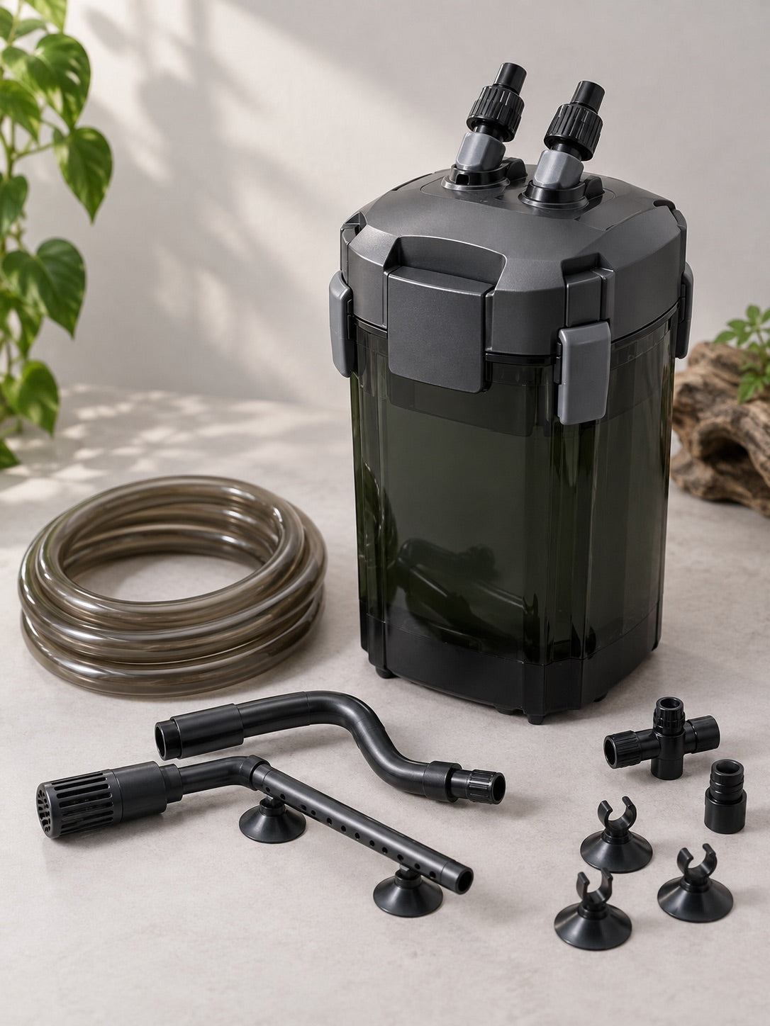 Home aquarium canister filter and fittings