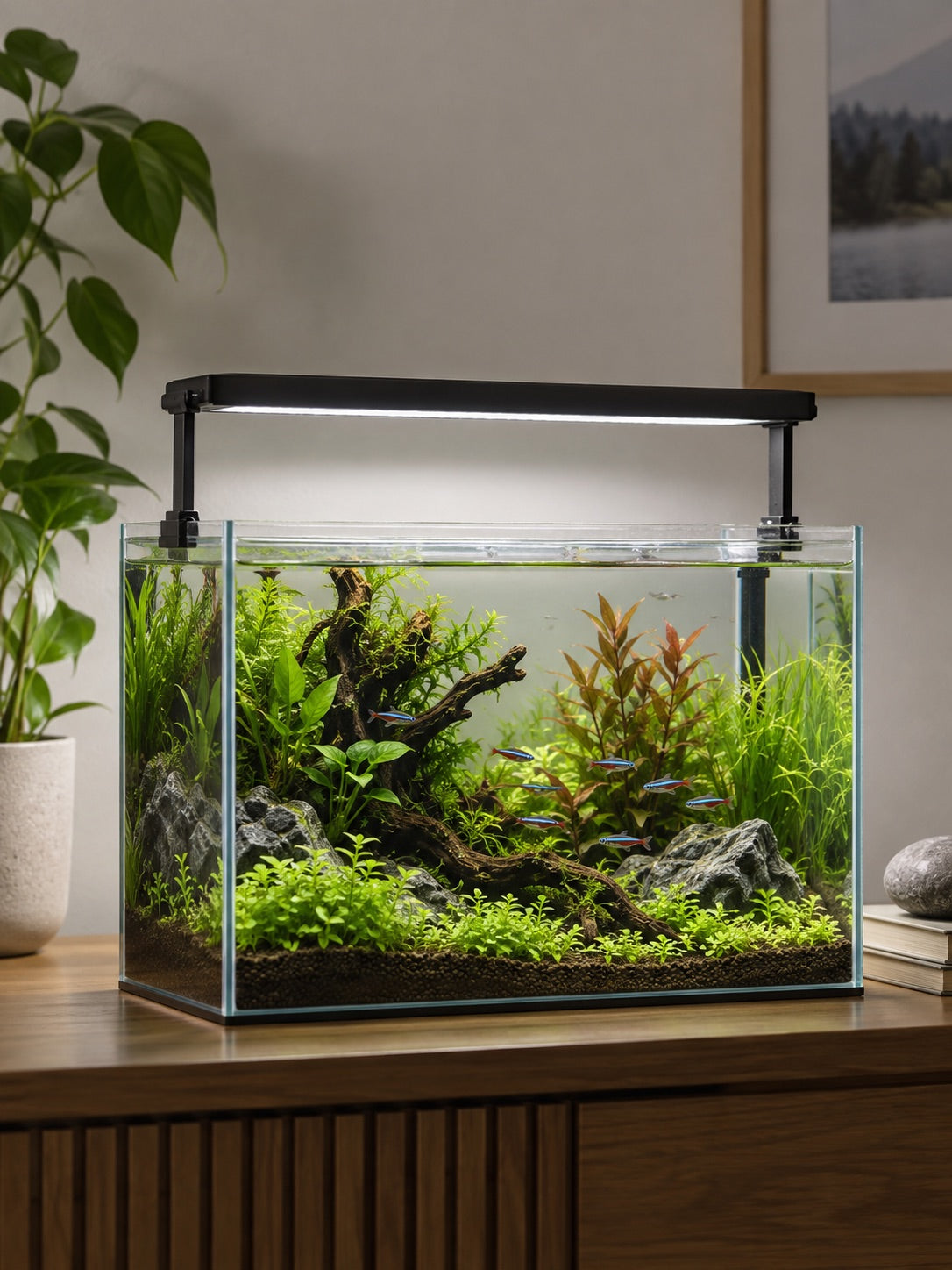 LED light above a planted freshwater aquarium
