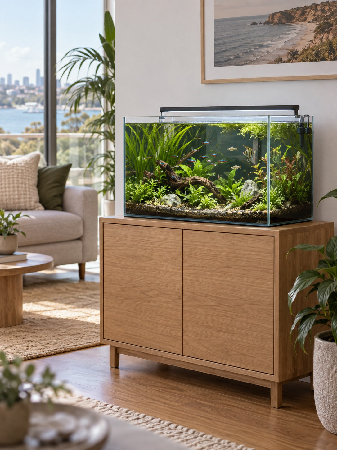 Planted freshwater aquarium in a home